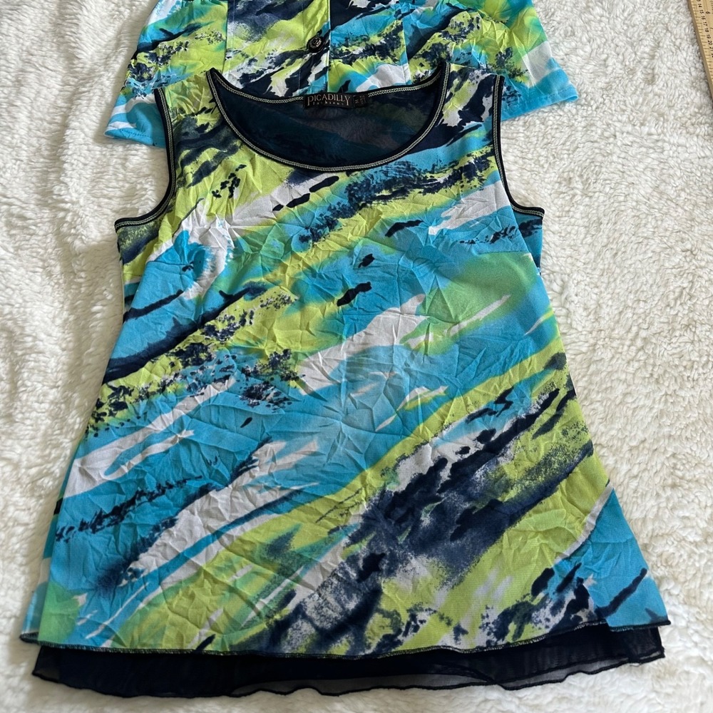 Picadilly Fashions 2-Pc Set Top & Mesh Tank Abstract Multi-Color Blue Green Sz M - Picture 10 of 11